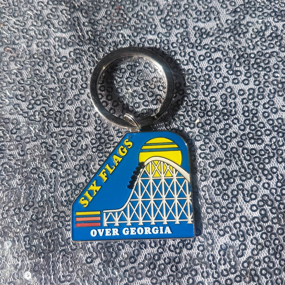 Six Flags Retro Slant Keychain - Black with Silver Ring